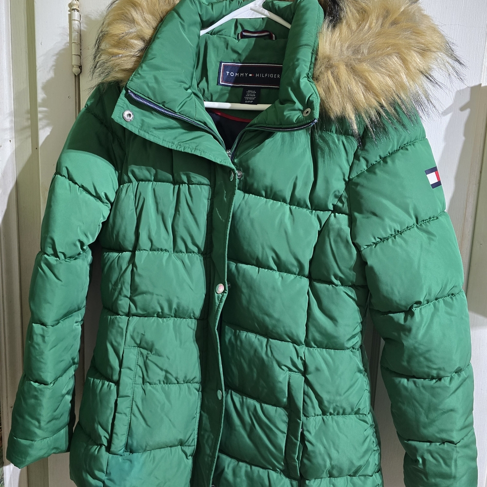 Tommy Hilfiger Green Puffer Jacket with Faux Fur Hood